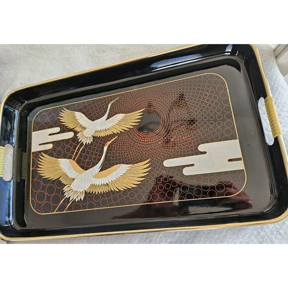 Vintage Set Of 3 Lacquerware Nesting Trays Gold Trim Flying Cranes Made in Japan - Picture 1 of 6